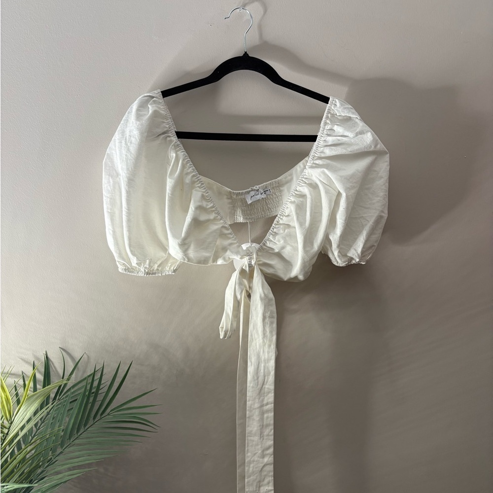 Petal + Pup White Puff Sleeve Tie Crop Top